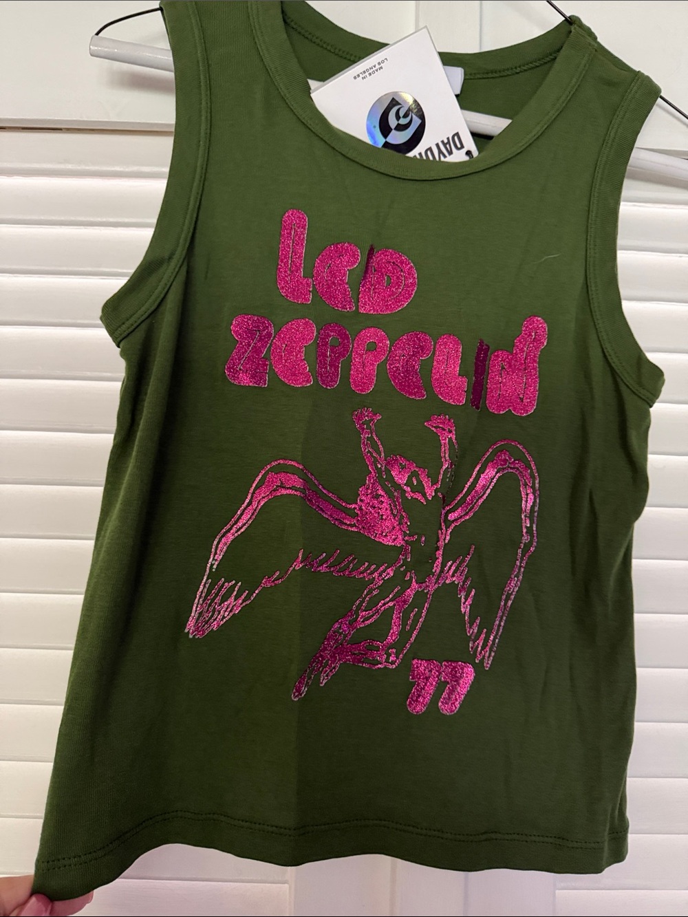 Daydreamer Olive Green Tank with Pink Glitter Led Zeppelin Graphic